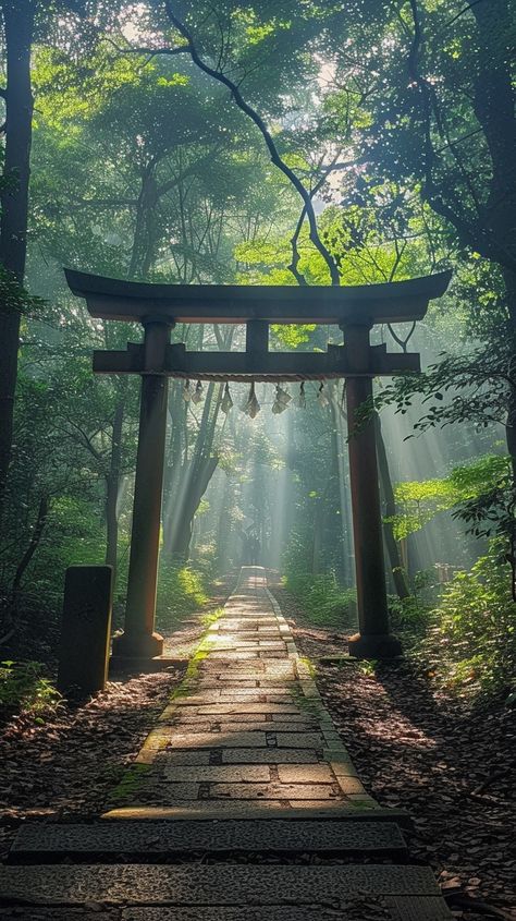 Mystical Forest Gateway: An ethereal torii gate stands at the entrance of a sunlit pathway through a serene forest. #forest #torii #gateway #sunbeams #trees #aiart #aiphoto #stockcake ⬇️ Download and 📝 Prompt 👉 https://ayr.app/l/7Ee3 Landscape Forest Photography, Drawing Reference Photos Nature, Edo Japan Aesthetic, Japanese Forest Art, Torii Gate Wallpapers, Japanese Temple Aesthetic, Japanese Gates Entrance, Mystical Forest Aesthetic, China Forest