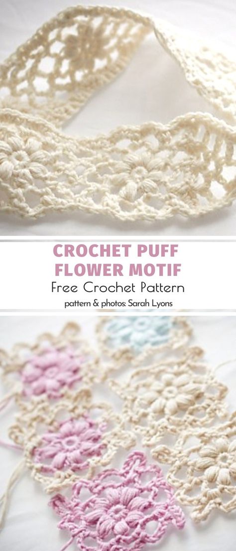 Puff Stitch Flower Crochet Projects. Are you always on the hunt for unique edging ideas and crochet borders that make every project look complete? These floral blocks will be perfect for that! They are versatile enough to be used as bookmarks and single decor elements as well.  #freecrochetpattern #puffstitch #puffflower Flower Crochet Projects, Puff Stitch Flower, Crochet Project Free, Crochet Flower Headbands, Bandeau Au Crochet, Crochet Puff Flower, Puff Flower, Crochet Border Patterns, Confection Au Crochet