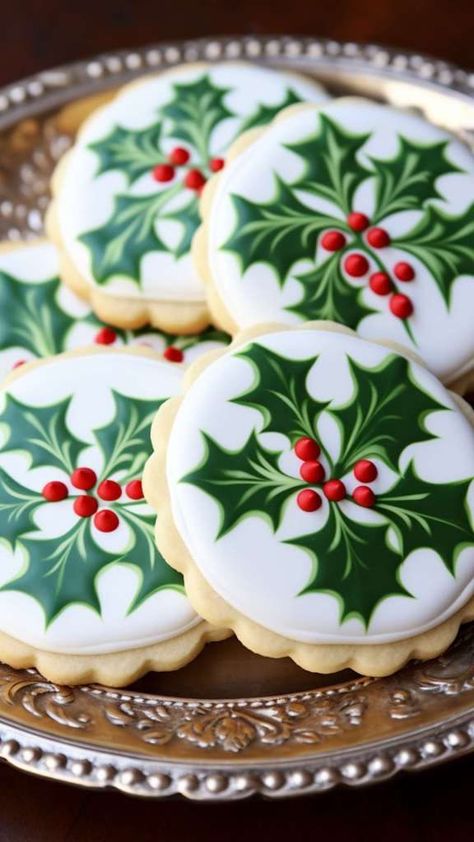 Holly Sugar Cookies Decorated, Wreath Cookies Royal Icing, Christmas Cookie Decorating Ideas, Cookie Decorating Ideas, Faux Desserts, Christmas Wreath Cookies, Decorated Christmas Cookies, Christmas Cookie Decorating, Christmas Cutout Cookies