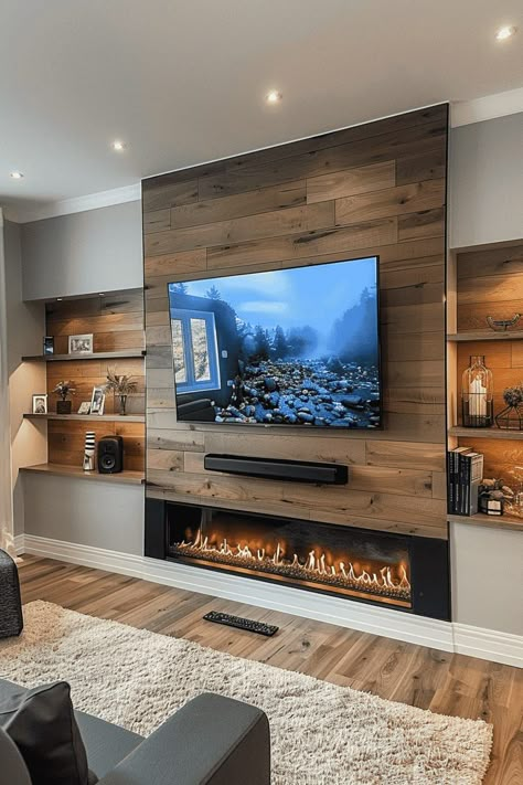 Basement Cinema, Media Wall Ideas, Media Walls, Feature Wall Living Room, Basement Living Rooms, Fireplace Tv Wall, Tv Room Design, Living Room Decor Fireplace, Decor Fireplace