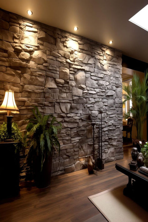 A textured stone accent wall in a stylish interior, combining nature and creativity for stunning wall ideas. Indoor Stone Wall Living Room, Stone Accent Wall Entryway, Rock Wall Interior Design, Rock Accent Wall Living Room, Stone Accent Wall Living Room, Rock Wall Interior Living Room, Natural Stone Wall Interior, Stone Feature Wall Living Room, Interior Rock Wall