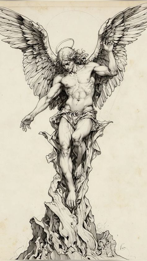 Flowing Tattoos Men, Male Figure Tattoo, Angel Tattoo Ideas Men, Neotraditional Angel Tattoo, Angel Reaching Down, Statue Reference Drawing, Angel Sketch Tattoo, Greek Gods Drawings, Angel Statue Drawing