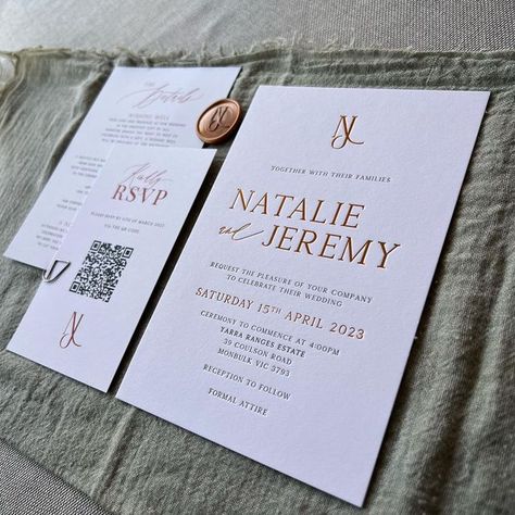 M&H Events - Stationery & Signage on Instagram: "Copper foil & black letterpress for an autumn wedding in Melbourne. Paired with custom copper wax seals; slim RSVP card; details card and printed envelopes." Copper Wedding, Copper Foil, Autumn Wedding, Printed Envelopes, Wedding Invite, Wax Seals, Wedding Design, Rsvp Card, Letterpress