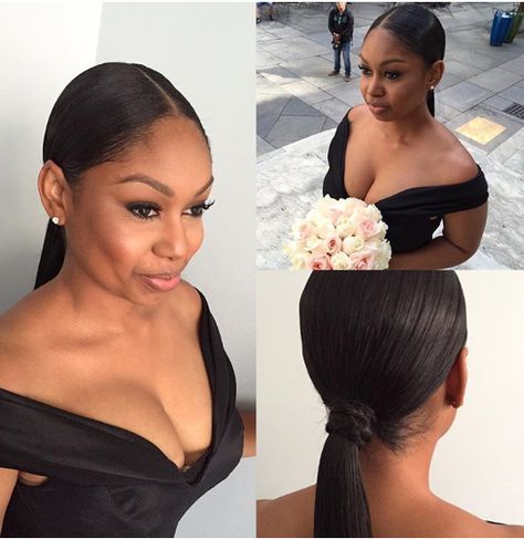 From far away, this low pony might look simple and sleek. But up close in photos, you’ll notice the fishtail braid that’s wrapped around the base. Bridesmaid Hair Black, Bridesmaid Ponytail, Bridesmaid Hair Bun, Black Bridesmaids Hairstyles, Bridesmaid Hair Curly, Bridesmaid Hair Braid, Bridesmaid Hair Ponytail, Braided Pony, Wedding Hairstyles Bridesmaid