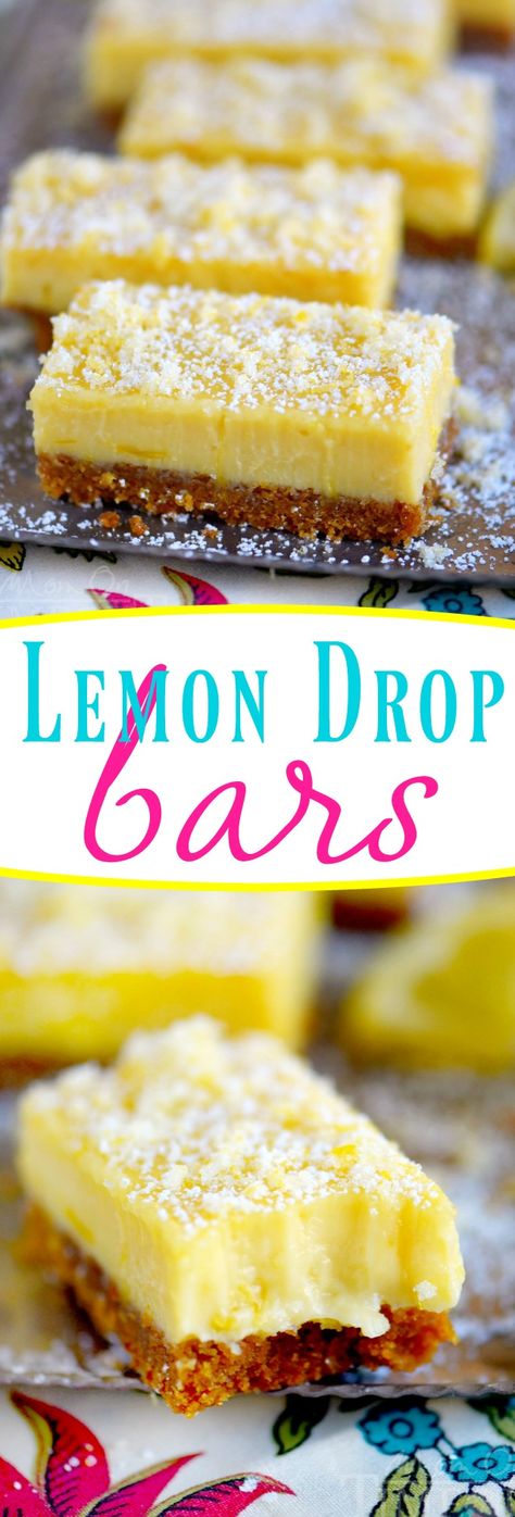 These Lemon Drop Bars are extra creamy and topped with candied lemon zest for the BIGGEST lemon flavor possible! So easy to make, deliciously sweet and tart, you'll find this treat hard to resist! // Mom On Timeout Candied Lemon Zest, Cracker Dessert, Lemon Treats, Lemon Bars Easy, Biscuits Graham, Lemon Bars Recipe, Cookies Bars, Square Recipes, Lemon Dessert Recipes