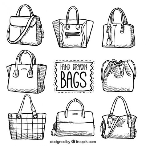 Set of hand-drawn bags Free Vector Tote Bag Drawing Ideas, Tote Bag Drawing, Bag Drawing, Hadiah Diy, Bag Illustration, Fashion Illustrations Techniques, Fashion Drawing Sketches, Fashion Drawing Tutorial, Drawing Bag