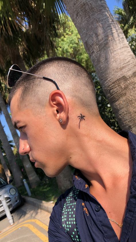 #tattoos #mensfashion #palmtrees #palm #tropical #cyprus #hairstyles Palm Tree Neck Tattoo, Mom Neck Tattoo, Palm Tree Behind Ear Tattoo, Simple Neck Tattoo Men, Back Ear Tattoo Men Guys, Behind The Ear Tattoo Ideas For Men, Small Neck Tattoos Men, Behind Ear Tattoo Men, Back Of Ear Tattoo