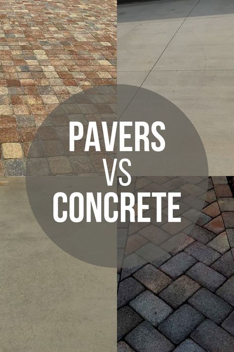 The difference between pavers vs concrete Pavers Vs Concrete, Diy Concrete Driveway, Pavers Over Concrete, Decorative Concrete Patio, Brick Paver Driveway, Stamped Concrete Walkway, Driveway Materials, Concrete Paver Patio, Stamped Concrete Driveway