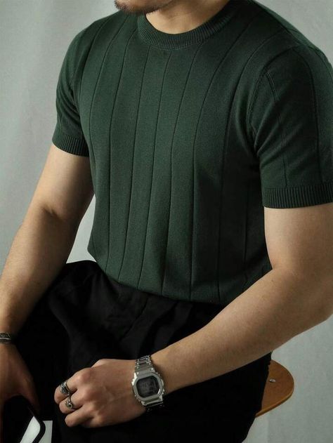 Men Solid Ribbed Knit Top | SHEIN USA Dark Green Outfit, Dark Green Shirt, Guy Fashion, Polo Shirt Outfits, Mens Business Casual Outfits, Shirt Outfit Men, Clothing Reference, Max Fashion, Male Clothing