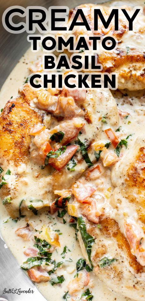 This creamy tomato basil chicken recipe has juicy chicken in a delicious fresh tomato and basil cream sauce with plenty of garlic. It can be yours in about 30 minutes! Tomato Basil Chicken Crockpot, Creamy Tomato Basil Chicken, Tomato Basil Chicken Recipe, Basil Chicken Recipe, Pan Fried Chicken Breast, Easy Skillet Chicken, Tomato Basil Chicken, Chicken Salt, Elegant Dinners