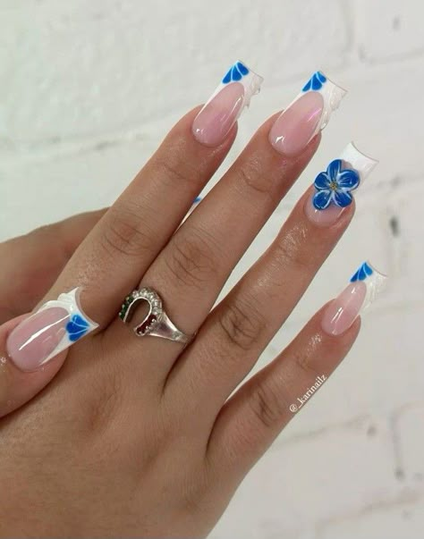 Blue Flowers On Nails, Coffin Nail Summer Ideas, Blue Habisquis Flower Nails, Blue Nails Square Medium, Dusty Blue Wedding Nails Bridesmaid, Light Blue Nails Simple Design, 3 D Flower Nail Designs, Nails That Match Blue Dress, Square Nails Blue French