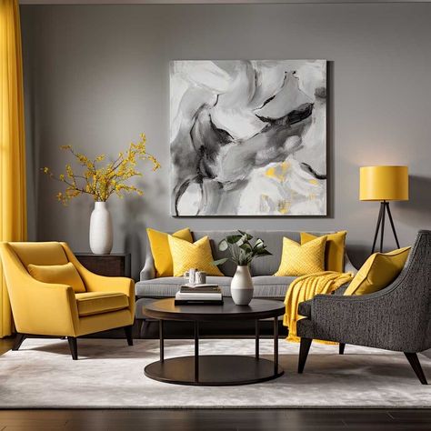 Grey And Yellow Lounge Ideas, Gray Black And Yellow Living Room, Yellow And Grey Home Decor, Gray Mustard Living Room, Yellow House Interior Decorating Ideas, Black And Yellow Home Decor, Yellow Theme Living Room, Yellow And Black Living Room Decor, Living Room Designs Yellow