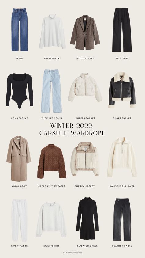 Clothes You Need For Winter, Winter Outfits Capsule Wardrobe 2023, Essentials For Winter Clothing, Korean Winter Capsule Wardrobe, Canada Capsule Wardrobe, Winter Travel Outfit Capsule, Basics For Winter Wardrobe, Winter Closet Aesthetic, Essential Winter Wardrobe