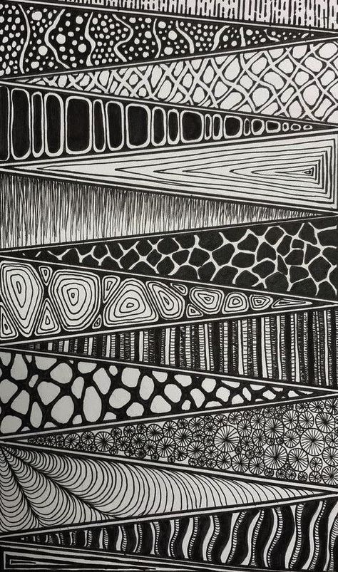 Elements Of Art Sketchbook Page, Zen Tangle Designs, Dotted Line Drawing, Line Artwork Pattern, Onomonopia Art, Newest Art Trends, Black And White Printmaking, Doodle Line Patterns, Water Zentangle Patterns