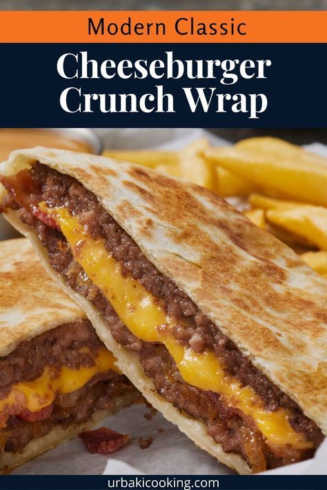 Prepare for a flavor explosion! Our tantalizing Cheeseburger Crunch Wrap Recipe takes your cheeseburger experience to an entirely new level.This modern twist on the timeless cheeseburger combines the mouthwatering goodness of succulent beef, oozy melted cheese, fresh veggies, and a satisfying crispy crunch, all wrapped up in one convenient package.Imagine sinking your teeth into a warm, toasted tortilla housing a beautifully seasoned beef patty, a molten cheese blend, zesty pickles Crimpit Wrap Recipe Ideas, Recipes Using Wraps Tortillas, Crimpet Wrap Recipe, Burger Crunch Wrap Recipe, Crunch Wrap Burger, Cheeseburger Crunch Wrap Recipe, Cheeseburger Wrap Recipe, Crimp It Wrap Recipes, Ground Beef Crunch Wrap