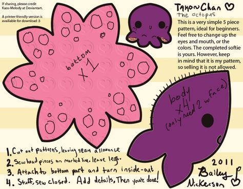 Octopus Pattern Sewing, Simple Plush Sewing Patterns, Sewing Patterns For Plushies, Octopus Stuffed Animal Pattern, Small Plushie Sewing Pattern, Plushie Sewing Patterns Free, Felt Plushies Pattern Free, Octopus Plush Pattern, Plushie Patterns Free