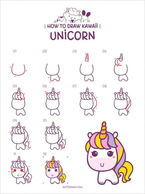 Draw Unicorn Easy Step By Step, Drawing Unicorn Easy, Step By Step Unicorn Drawing For Kids, Step By Step Kawaii Drawing, Kawaii How To Draw, How To Draw Unicorns For Kids, How To Draw A Unicorn Easy Kids, Kawaii Doodles Step By Step, How To Draw Kawaii Step By Step