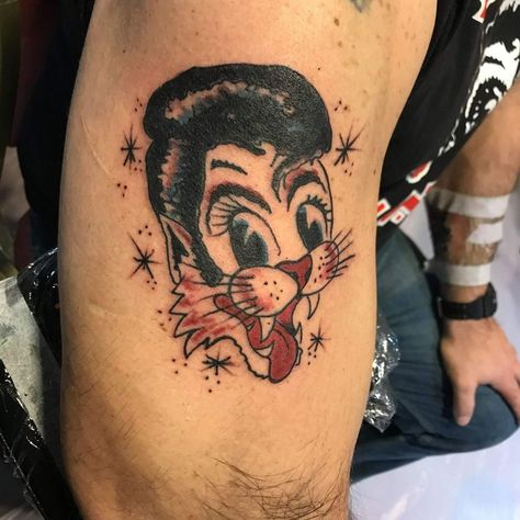 Done by Lance White in Las Vegas. My Cat Tattoo, Dragon Tattoo Shoulder, Arrow Tattoo Finger, Middle Finger Tattoos, Tatoo Styles, Music Boy, Brian Setzer, Cat Tattoo Ideas, Rockabilly Tattoo