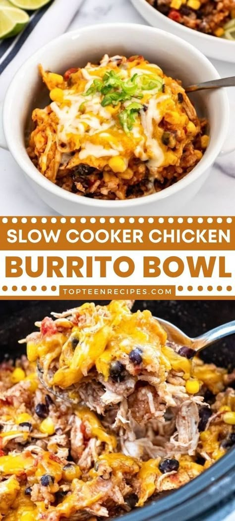 Slow Cooker Chicken Burrito Bowl, Chicken Burrito Bowls, Burrito Bowls Recipe, Chicken Burrito, Chicken Burrito Bowl, Crockpot Dinners, Burrito Bowls, Chicken Burritos, Chicken Crockpot