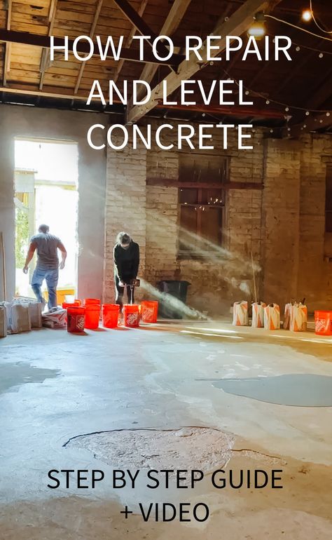 How to DIY repair and level concrete floors (this also works on driveways!!) How To Fix Concrete Floors, Fixing Uneven Concrete Floors, Redo Concrete Floors, Resurface Concrete Porch, Finishing Concrete Floors Diy, Concrete Leveling Diy, Grind And Seal Concrete Floors, Driveway Ideas Concrete, Self Leveling Concrete Floor