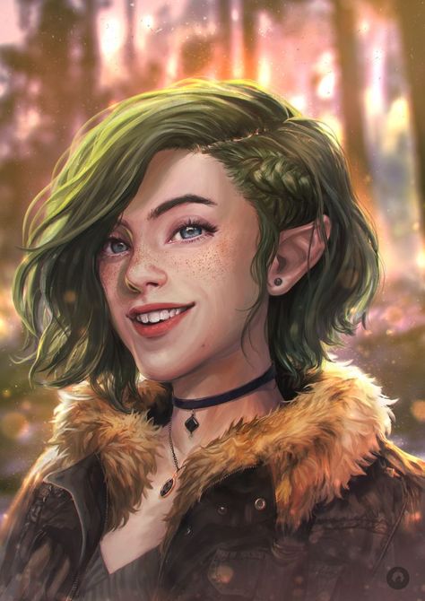 Half Elf, Green Hair, Brown Hair, Digital Painting, Elf, Green, Hair