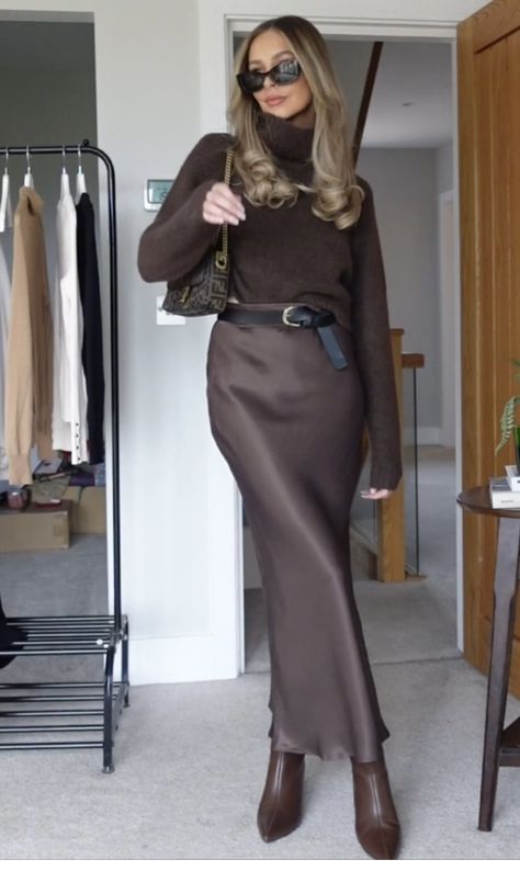 Silk Skirt Business Outfit, Winter Special Occasion Outfit, Dynamite Clothing Outfits, Long Skirt Winter Outfit Classy, Olive Silk Skirt Outfit, Chocolate Silk Skirt Outfit, Professional Maxi Skirt Outfit, Brown Satin Maxi Skirt Outfit, Green Skirt Fall Outfit