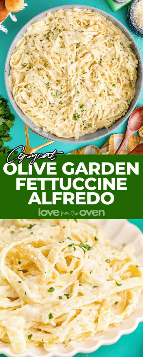 Copycat Olive Garden Alfredo • Love From The Oven Fettucini Alfredo Olive Garden, Olive Garden Alfredo Recipe, Olive Garden Fettuccine Alfredo Recipe, Fettuccine Alfredo Olive Garden, Olive Garden Fettuccine Alfredo, Olive Garden Fettuccine, Olive Garden Chicken Alfredo Recipe, Copycat Olive Garden Alfredo Sauce, Fetuchini Alfredo