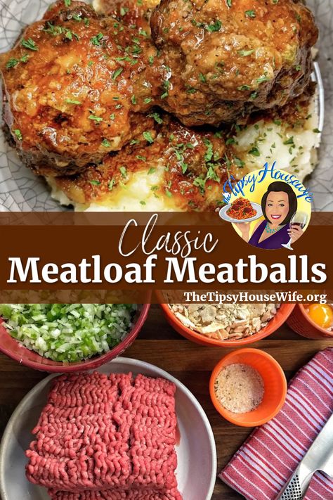 The photo shows a delicious plate of tender classic meatloaf meatballs atop a bed of mashed potatoes and gravy. The brightly colored banner displays the name of the recipe: Classic Meatloaf Meatballs. Beef And Sausage Recipes, Traditional Meatballs, Tipsy Housewife Recipes, Housewife Recipes, The Tipsy Housewife, Tipsy Housewife, Classic Mashed Potatoes, Meatloaf Meatballs, Tender Meatballs