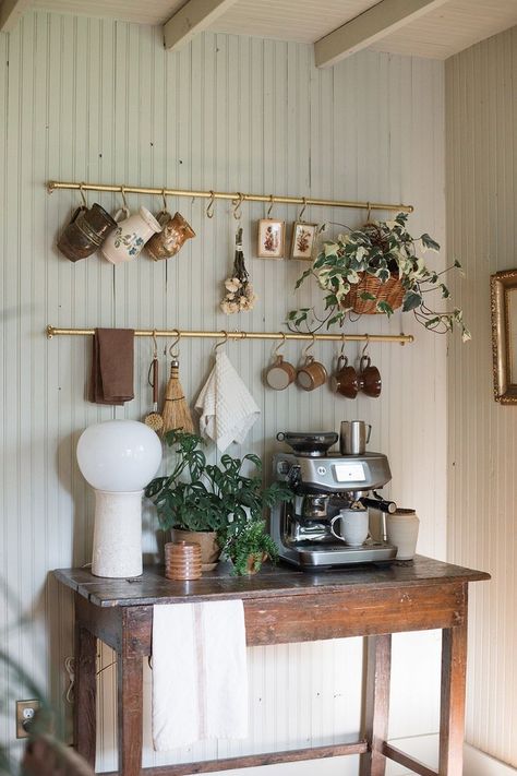 Display Mugs Using Hooks Tea Pot Storage, Coffee Wall Shelf, Mug Pegboard, Mug Hooks On Wall, Mugs Hanging Under Cabinets, Hygge Coffee Bar, Display Mugs In Kitchen, Coffee Bar With Mug Display, Ways To Display Mugs