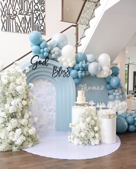 Thomas’s Baptism 🕊️⛪️ Backdrop + Balloons + Florals @janettloveshop Event Planner @busybeesevents #baptism #baptismballoons #baptismbackdrop #baptismflowers #baptismcake #baptismdecor #baptismdecoration #baptismparty #baptismideas #baptismday⛪️ #baptismballoongarland #elegantbaptism First Birthday And Baptism Ideas For Boy, Baptismal Backdrop, Blue Baptism Decorations, Baptism Decorations Backdrops, Baptismal Decorations Boy Backdrops, Baby Boy Baptism Decorations, Baby Boy Backdrop, Boy Baptism Decorations, Baby Baptism Party