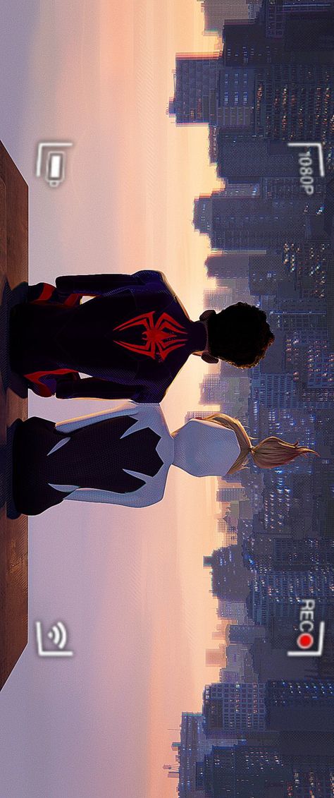 A shot from behind of Miles Morales and Spider Gwen sitting and looking out over New York City. They are hanging upside down. The image is sideways. There is a vintage camera frame overlay on the image. Miles Morales And Gwen Stacy Wallpaper, Gwen Stacy Wallpaper, Miles Morales And Gwen Stacy, Miles Morales And Gwen, Prowler Miles, Marvel Phone Wallpaper, All Spiderman, Marvel Background, Image Spiderman