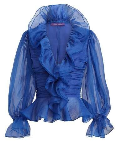 Organza Tops, Blue Peplum Top, Long Sleeve Peplum Top, Frilly Blouse, Organza Blouse, New Blouse Designs, Fashion Tops Blouse, Ruffles Fashion, Elegant Blouses