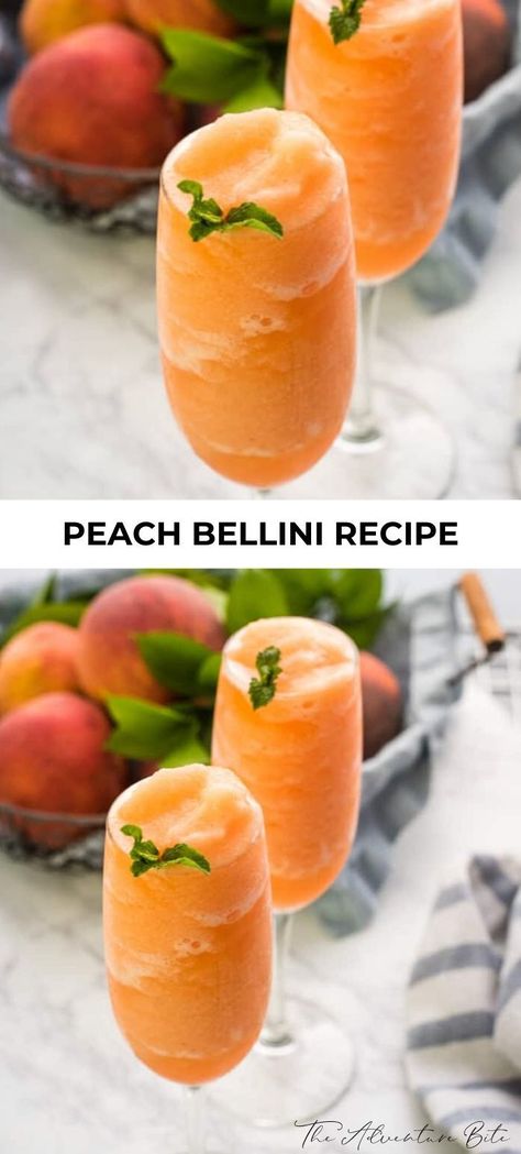 Fresh Peach Bellini Recipe, Peach Brunch Ideas, Peach Puree Recipe, Peach Food Ideas, Peach Garnish, Brunch Drink Ideas, Sweet Cocktail Recipes, Frozen Peach Bellini Recipe, Drink Ideas Alcoholic