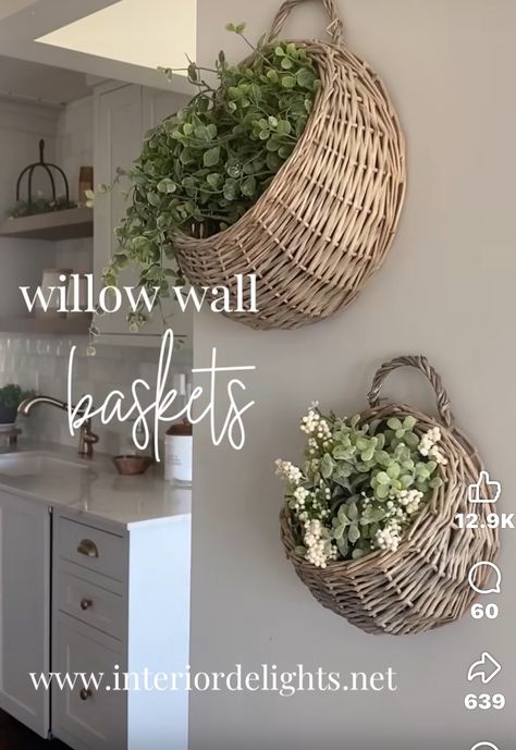 Woven Wall Hanging Baskets, Wall Filler Ideas, Hanging Basket Decor, Metal Wall Basket, Hanging Baskets Kitchen, Basket Decor Ideas, Wall Basket Storage, Wall Hanging Basket, Hanging Plant Wall