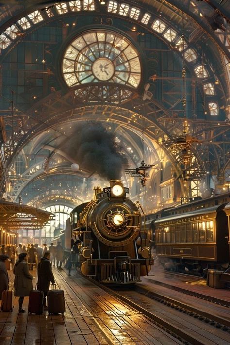 Old Trains Aesthetic, Steam Punk Background, Old Train Station Aesthetic, Old Train Aesthetic, Vintage Train Aesthetic, Steampunk Aesthetic Dark, Steampunk Train Station, Train Station Aesthetic, Fantasy Train