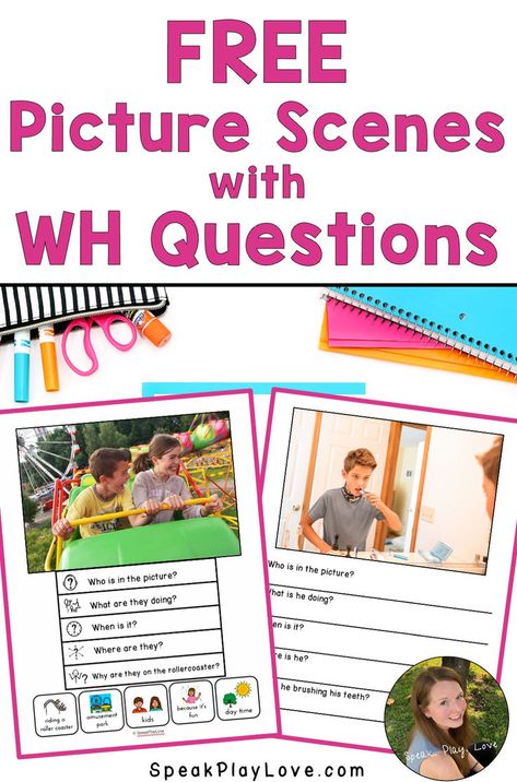 picture of two worksheets with photos and wh questions. first photo is of two kids on a roller coaster and the second photo is of a boy brushing his teeth. Text reads, "Free Picture Scenes with WH Quesitons speakplaylove.com" Picture Scenes For Speech Therapy, Wh Questions Speech Therapy, Open Ended Questions, What Questions, Children Park, Speech Therapy Materials, Wh Questions, Printable Ideas, Following Directions