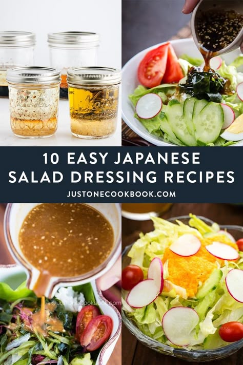 These easy Japanese salad dressings are what you need to upgrade your next salad! From carrot ginger dressing to classic Japanese wafu dressing to no-fuss sesame dressing, they are bright and bold and impressively versatile. Each recipe deserves to be known by heart! #saladdressingrecipes #japanesesaladdressing #asiansalad #asiansaladdressing #easysaladdressing | Easy Japanese Recipes at JustOnecookbook.com Japanese Salad Dressing Recipe, Japanese Salad Recipes, Japanese Salad Dressing, Carrot Ginger Dressing, Asian Salad Dressing, Japanese Salad, Japanese Sauce, Just One Cookbook, Easy Salad Dressing