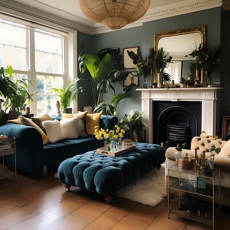 Jewel Tone Living Room, Blue Sofa Living, Tv Rum, Moody Living Room, Dark Living Rooms, Room Vibes, Aesthetic Living Room, Glam Living Room, Eclectic Living Room