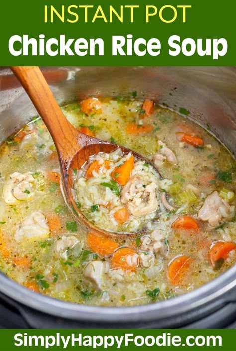 Instant Pot Chicken Rice Soup is delicious and nutritious, using simple ingredients like chicken and fresh vegetables, and tender rice. Pressure cooker Chicken and Rice Soup is easy to make. You will love how fast Instant Pot chicken and rice soup cooks! simplyhappyfoodie.com instapot chicken rice soup recipe, instant pot chicken soup with rice Chicken Rice Soup Instant Pot Recipes, Chicken Soup With Rice Instant Pot, Instant Pot Chicken And Rice Soup Easy, Instant Pot Rice Soup Recipes, Instant Pot Rice Soup, Creamy Chicken Rice Soup Instant Pot, Pressure Cooker Chicken And Rice Soup, Chicken Soup Pressure Cooker, Chicken And Rice Insta Pot