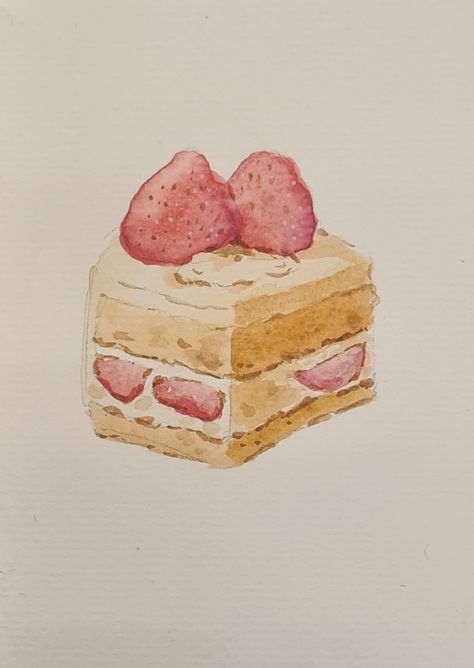 Strawberry Shortcake Drawing, Aesthetic Strawberry Shortcake, Desert Drawing, Cake Sketch, Strawberry Drawing, Aesthetic Strawberry, Desserts Drawing, Strawberry Watercolor, Cake Drawing