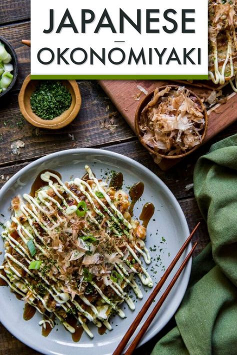 This Easy Okonomiyaki recipe will give you a taste of Japan. It’s a Japanese savory pancake that combines cabbage, ginger, green onions, and shrimp into the batter and then adds bacon and tasty Japanese toppings for an incredible mix of flavors. #japanese #japan #pancake #dinner #healthy #asian Okonomiyaki Rezept, Okonomiyaki Recipe, Vegetable Pancakes, Savory Pancakes, Kale And Spinach, Marinated Beef, Shredded Pork, Japanese Cooking, Japanese Recipes