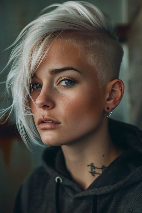 Short Hair Styles For Fine Hair Over 50, Short Hair With Shaved Side, Punk Hairstyles Women, Asymmetrical Pixie Edgy Fine Hair, Punk Haircuts For Women, Short Punk Haircuts, Punk Haircuts, Side Shave, Feminine Hairstyles