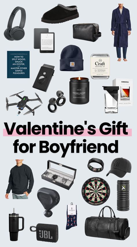 a collage of Valentines gift for boyfriend including a mini speaker, golf socks, and a cozy robe. Mens Valentines Gift Basket Boyfriends, Valentine’s Day Gift For Men, What To Get A Guy For Valentines Day, Men’s Valentines Basket, Cute Boyfriend Gift Ideas, Men Valentine's Gift Baskets, Self Care Baskets, Girly Gift Baskets, Birthday Basket Ideas