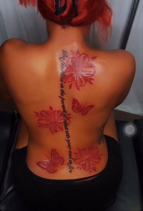 #tattoo #redinktattoo #inspiration Red Back Tattoos, Red And Black Spine Tattoos For Women, Red Dragon Tattoo Black Women, Black And Red Spine Tattoo, Red Ink Brown Skin, Red And Black Spine Tattoo, Red Ink Tattoos On Dark Skin Black, Red Tattoo Dark Skin, Red Tattoos On Dark Skin