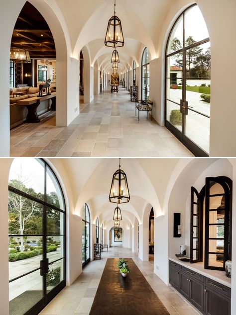 Arched Hallway Spanish Style Homes Interior, Spanish Ranch Style Homes, Modern Spanish Farmhouse, Spanish Style Home Exterior, Modern Spanish Style Homes, Spanish Ranch, Spanish Style Home Interior, Style Hacienda, Woodside California