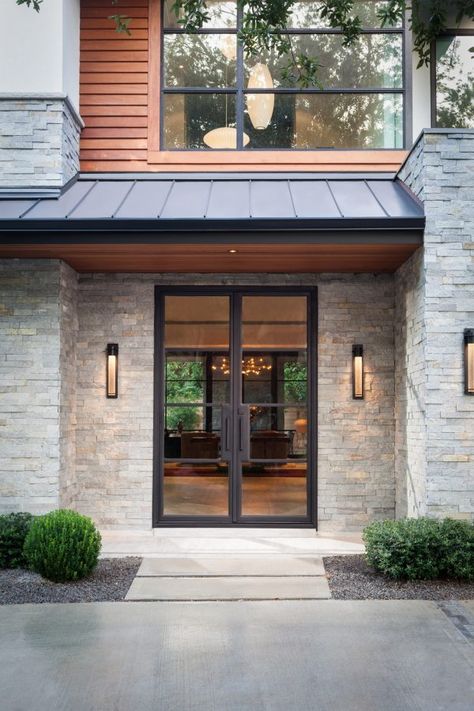 House Entrance Doors, Prairie Style Houses, House Front Door, Stone Cladding, Front Entrance, Front Door Design, Porch Design, Modern Exterior, Facade House