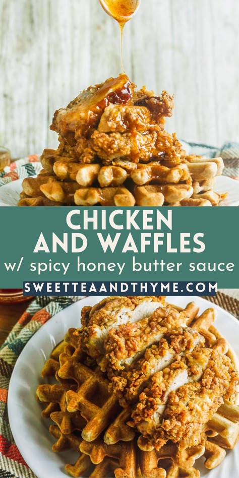 Southern Chicken And Waffles Recipe, Southern Fried Chicken And Waffles, Chicken And Waffles With Hot Honey, Chilis Chicken And Waffles Recipe, Chicken And Waffle Sauce Recipes, Chicken An Waffles, Chicken And Waffles Recipe Sauce, Buttermilk Chicken And Waffles, Chicken And Waffles Syrup