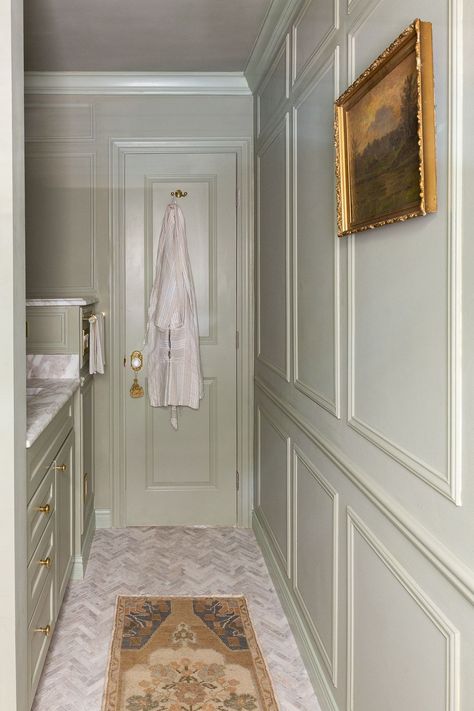 farrow-ball-french-gray Primary Bath Paint Colors, Small Master Bath Makeover, Heidi Callier Bathrooms, Timeless Marble Bathroom, Blank Wall In Bathroom Ideas, Master Bathrooms 2023 Trends, Primary Bathroom Design, Breakfast Room Green, Green Grey Paint