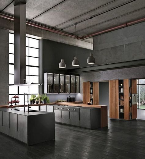 All grey industrial kitchen 😍 #grey #kitchen #industrial #wood #huge #loft #design #designed #designer #interior #interiordesign #interiör… Dapur Skandinavia, Industrial Chic Decor, Industrial Style Interior, Industrial Kitchen Design, Minimal Interior Design, Kitchen Chandelier, Modern Kitchen Interiors, Interior Vintage, Industrial Interior Design