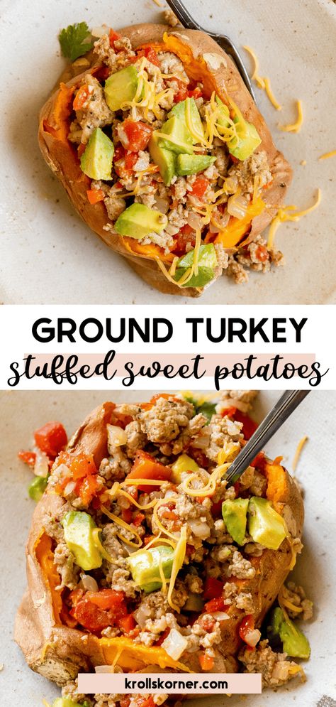 Turkey Stuffed Sweet Potato, Sweet Potato Recipes For Thanksgiving, Potato Recipes For Thanksgiving, Ground Turkey Dinner, Recipes Peppers, Healthy Sweet Potato Recipes, Stuffed Sweet Potato, Recipes For Thanksgiving, Healthy Sweet Potato